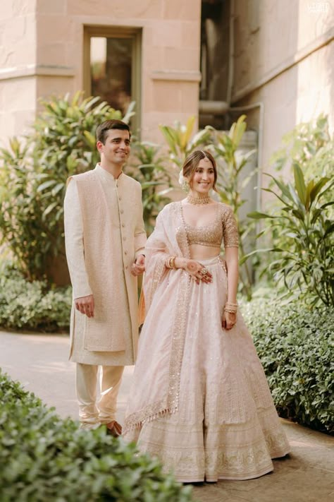 Beautiful Home Wedding In Delhi With An Effortlessly Elegant Vibe White Indian Reception Outfit, Off White Engagement Lehenga, Indian Christian Engagement Outfit, Minimalist Bride Indian, Traditional White Lehenga For Marriage, Christian Engagement Dress, Minimalist Indian Bride, Unique Bridal Looks, Engagement Outfits For Bride