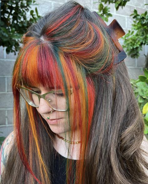 Hair Dye Colors For Hispanics, Orange Hair Dye On Brown Hair, Colored Hair Inspo Short, Hair Dye Multicolor, Creative Hair Dye Placement, Brown Hair With Other Colors, Hair Dye Color Ideas For Brunettes, Fun Fashion Color Hair, Partly Dyed Hair Ideas