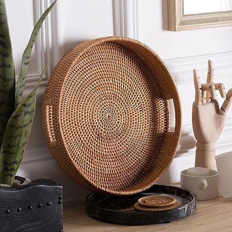 Round Rattan Tray, Bohemian Ottoman, Farmhouse Boho Decor, Snack Display, Tray Basket, Rattan Weaving, Rattan Tray, Ottoman Tray, Coffee Table Tray