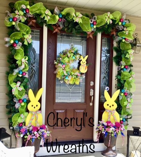 Easter front door decorations, porch, Easter flowers, tulips, bunny, deco mesh, bright yellow, lime green, pink, blue, Easter colors Easter Decorations Outdoor Front Doors, Easter Planters Front Door, Easter Mailbox Decor, Easter Garland For Front Door, Spring Garland Front Door, Outside Easter Decorations Front Porches, Front Porch Easter Decorations Ideas, Easter Office Decor, Easter Front Porch Ideas