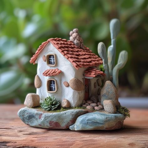 These clay houses are perfect for adding a touch of charm to your holiday decorations or seasonal displays. Clay Houses Art, Small Clay Houses, Tiny Clay Houses Diy, Mini Ceramic Houses, Tiny Garden Ideas, Tiny Ceramic Houses, Clay Houses Buildings Ceramic Art, Wood Bark, Cute Little Houses