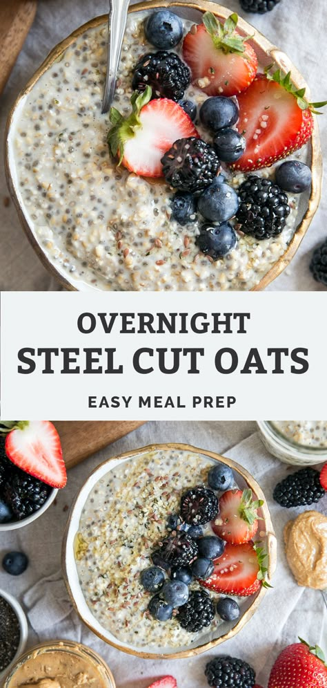 This easy healthy recipe for overnight oats is made with steel cut oats! Great for meal prep, busy mornings and will have you feeling full for hours. Make these Steel Cut Overnight Oats for your next breakfast. Overnight Steal Oats Healthy, Insta Pot Steel Cut Oats Recipe, Overnight Steel Cut Oats Recipes, Instapot Steel Cut Oats Recipe, Low Carb Over Night Oats, Steal Cut Oats Recipes Overnight Oatmeal, Vegan Steel Cut Oats Recipes, Steel Cut Overnight Oats Recipe, Overnight Steel Cut Oats Crockpot