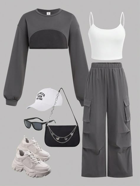 Casual Outfits For Teens Girls Simple, Crop Tops Women Cute Outfits, Shein Teen Girl Outfits, Trending Clothes For Teen Girls 2024, Clothes For Teens Girls Outfits, Outfits For Teenagers Girl, Clothing Astethic Types, Gray Casual Outfit, Clothes For Teenage Girls Outfit