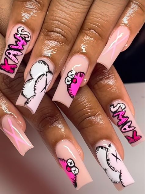 Hand Drawn Acrylic Nail Designs, Square Nails Ideas Medium Simple, Medium Length Birthday Nails, Classy Baddie Nails Short, Kawaii Nail Designs, Graphic Nails, Kaw Nails, Orange Acrylic Nails, Acrylic Nail Set