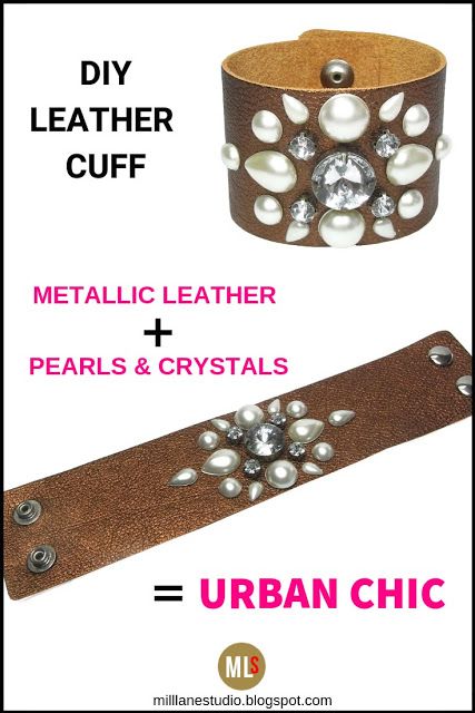 Urban Chic! Combine pearls and crystals with metallic Bronze Leather for a really classy leather cuff. This is an easy DIY project that uses snap studs to turn a leather strip into a trendy boho pearl and crystal bracelet cuff. #MillLaneStudio #diyleatherbracelets #leatherjewelrydiy #easyleatherbracelet #leathercuffs #jewelrymaking Leather Cuff Diy, Leather Cuff Bracelet Diy, Bracelet En Cuir Diy, Cuff Bracelets Diy, Diy En Cuir, Leather Tutorial, Studs Diy, Leather Jewelry Making, Diy Bangle Bracelets