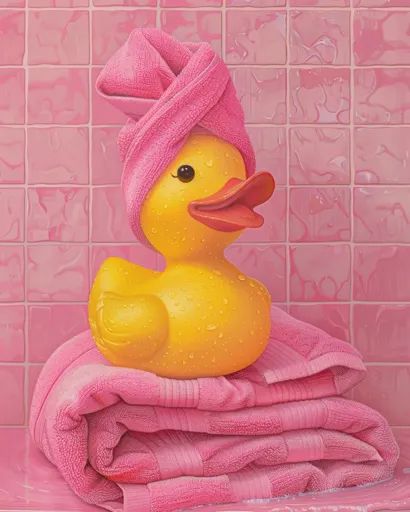 ↑↑↑ Larger size on website 🔸 A yellow rubber duck with a pink towel on its head sits atop a stack of folded pink towels. The duck 🔸 From Midjourney AI Image Pink Rubber Duck, Pink Towels, Rubber Duck, Yellow, Pink