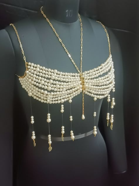 Handmade Pearl Body Chain, Bridal Body Jewelry, Pearl Body Chain Bra, Shoulder Necklaces Bra, Pearl Cape, Bikini Jewelry, Wedding Jewelry - Etsy Pearl Bra Outfit Ideas, Pearl Bra Top, Diy Body Jewelry, Khan Dong, Shoulder Necklaces, Pearl Shoulder Necklace, Body Chain Outfit, Pearl Clothes, Beaded Bralette