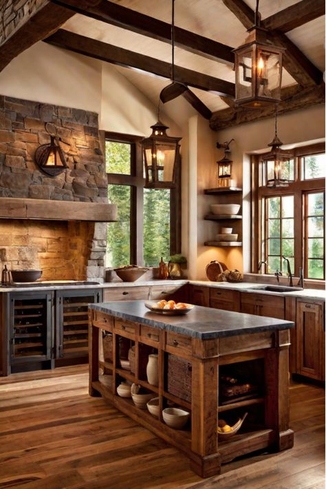 Explore 11 timeless rustic kitchen designs that exude classic elegance and long-lasting charm. Discover inspiration to create a stunning kitchen that will stand the test of time. Wood Aesthetic House, Kitchen Mountain Home, Timber Frame Kitchen Ideas, Rustic Mountain Kitchen, Wood Accents Kitchen, Log House Kitchen, Manga House, Ranch Style Kitchen, Farmhouse 2023