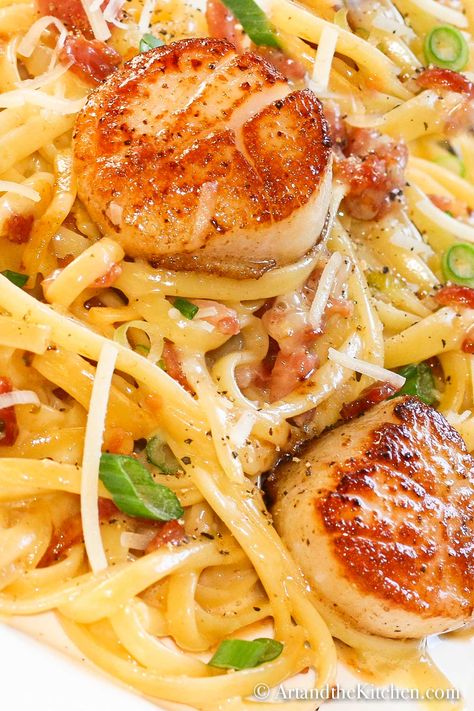 Resep Pasta, Pan Seared Scallops, Seared Scallops, Pasta Carbonara, Carbonara Pasta, Scallop Recipes, Scallops Seared, Good Eat, Seafood Dinner