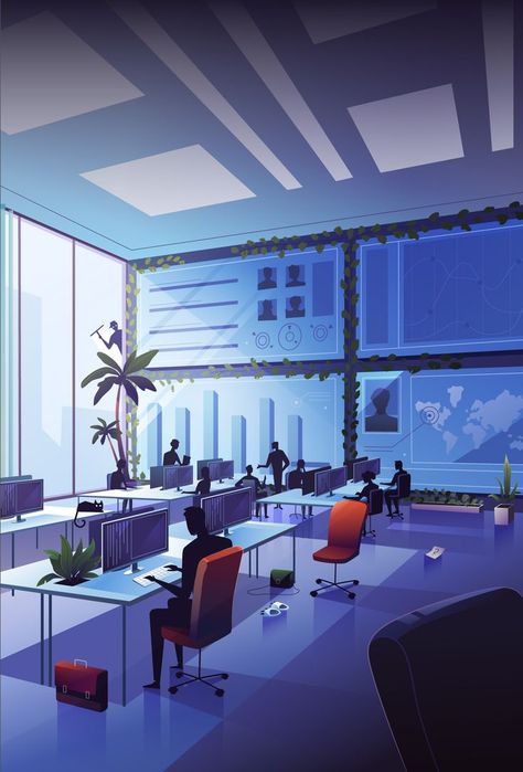 Office, office life, people working, workers, computers, interior, desk, job, plants, a cat, a map, window, big windows, working atmosphere, modern office. Futuristic Office, The Office Characters, Animation Portfolio, Portfolio Pictures, Animated Stories, Animation Production, Window Illustration, Modern Office Space, Flat Background