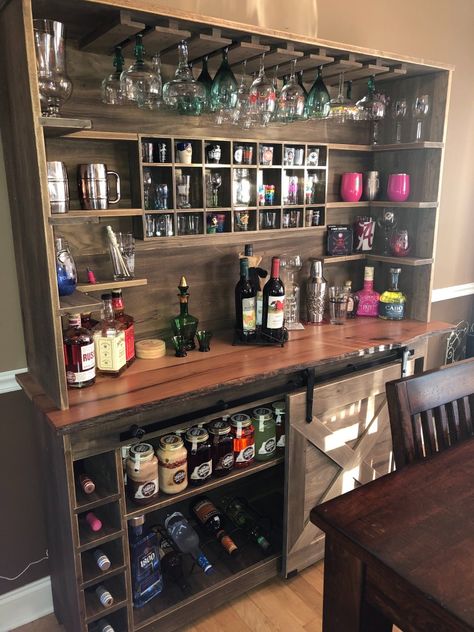 Rustic Bars For Home, Diy Alcohol Bar, Diy Wall Bar Ideas, Behind The Bar Ideas, Vintage Bar Ideas, Cabin Bar Ideas, Back Bar Ideas, Liquor Bar Ideas For Home, Wall Bar Ideas For Home