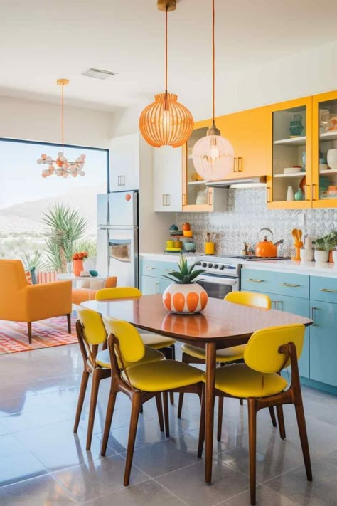 Yellow Chairs, Mcm Kitchen, Bohemian Twist, Eclectic Dining, Eclectic Kitchen, Orange Kitchen, Mid Century Modern Kitchen, Mid Century Modern Interiors, Mid Century Kitchen