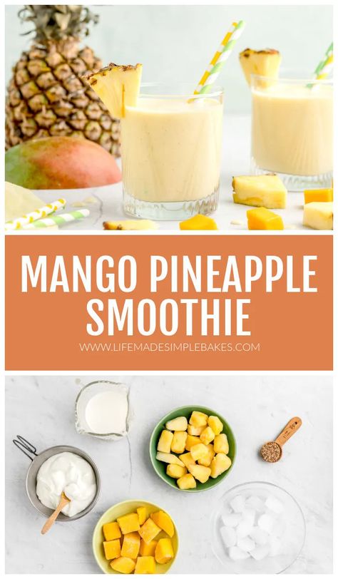 Fall in love with the tropical taste of this refreshingly delicious Mango Pineapple Smoothie. It whips up with frozen fruit in minutes!! #mangopineapplesmoothie #smoothie #tropicalsmoothie #fruitsmoothie Breakfast Baking, Life Made Simple, Mango Pineapple Smoothie, Mango Smoothie Recipes, Healthy Nutrition Plan, School Morning, Mango Pineapple, Yum Recipes, Tasty Drinks