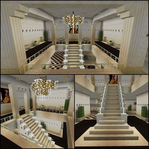 Minecraft Grand Staircase Design, Minecraft Hotel Ideas, Stair Minecraft, Minecraft Hotel Interior, Minecraft Stairs Staircases, Minecraft Glass House, Staircase In Minecraft, Minecraft Hotels Ideas, Stairs In Minecraft