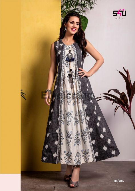 Layered Kurti Designs, Kurtis Pakistani, Kurti With Jacket, Printed Kurtis, Indian Kurti Designs, Long Gown Design, Jacket Collection, Simple Kurta Designs, Simple Kurti Designs