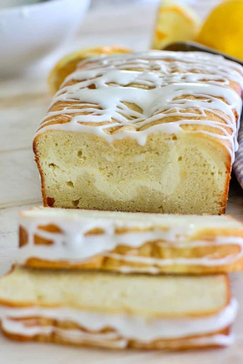 Fresh Lemon Loaf Cake with a ribbon of cream cheese running through it! Fresh and perfect for every occasion! Lemon Blueberry Cream Cheese Loaf, Lemon Cream Cheese Loaf Cake, Cream Cheese Baked Goods, Lemon Cream Cheese Loaf, Lemon Breads, Lemon Cream Cheese Dessert, Cream Cheese Loaf, Blueberry Pie Bars, Easy Blueberry Pie