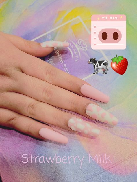 Pink nails strawberry cow milk gel Milky White Cow Print Nails, Milk Gel Nails, Cow Gel Nails, Strawberry Milk Nails Acrylic, Cow Nails Acrylic Pink, Strawberry Milk Cow Nails, Strawberry Cow Nails, Strawberry Milk Nails, Almond Cow Strawberry Milk