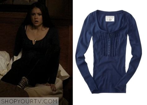 The Vampire Diaries: Season 1 Episode 14 Elena's Navy Henley | Shop Your TV Vampire Diaries Season 1, Katherine Pierce Outfits, Elena Gilbert Style, Vampire Diaries Fashion, Tv Clothes, Vampire Diaries Outfits, Worn On Tv, Aeropostale Shirts, Wardrobe Clothes