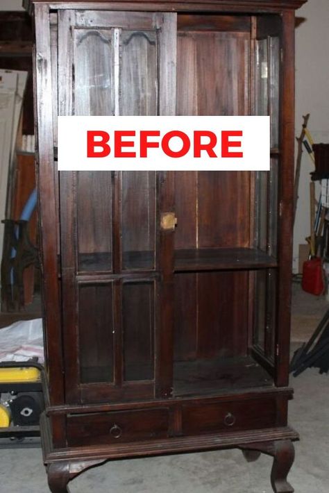 Standing Cabinet Makeover, Old Wardrobe Makeover Before After, Display Case Makeover, Refinished Furniture Before And After, Antique Curio Cabinet Makeover, Refurbishing Cabinets, Flea Market Flip Ideas Upcycling, Flea Market Flip Ideas Before After, Flipping Furniture Before After