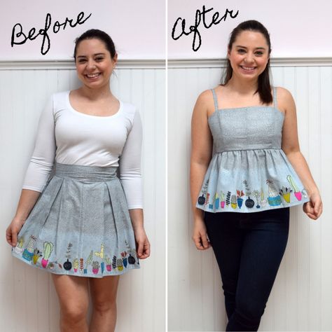 Skirt Into Top Diy, Diy Blouse Refashion, Remake Clothes Refashioning, Upcycle Skirt, Blouse Refashion, Skirt Refashion, Peplum Top Outfits, Revamp Clothes, Dress Upcycle