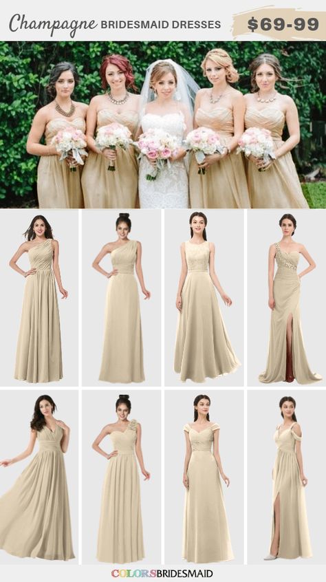 ColsBM champagne bridesmaid dresses Bridesmaid Dresses Cream, Khaki Groom, December Wedding Colors, October Wedding Colors, Cream Bridesmaids, Cream Bridesmaid Dresses, Inexpensive Bridesmaid Dresses, Groom And Groomsmen Suits, Stunning Bridesmaid Dresses