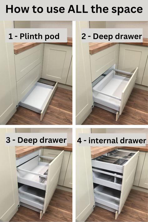 Every inch of space in this 800 wide base unit has useful storage. Starting from the bottom we have installed a Plinth Pod in the space under the unit. The Plinth Pod has kick to open and has soft close. Then there are 2 x deep Blum Tandembox Antaro drawers with soft close. Finally, in the space above the upper deep drawer we have installed an internal shallow Tandembox with soft close. this is kitted out with the stainless steel Orga Line Cutlery and utensil insert. Visit the website for more. Plinth Storage, Space Saving Ideas For Kitchen, Kitchen Drawers Instead Of Cabinets, Drawer Makeover, Kitchen 2025, Campervan Furniture, Drawers Ideas, Kitchen Gadgets Organization, Deep Drawer Organization