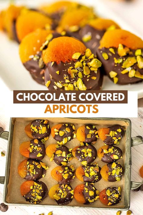 Dark chocolate covered apricots look impressive on any dessert tray or charcuterie board, but they are so easy to make. Ready in just minutes and made with simple ingredients, these chocolate apricots are sweet, salty, chewy, crunchy and chocolatey and the perfect snack any time of year! Chocolate Covered Charcuterie Board, Chocolate Desert Board, Chocolate Covered Dried Fruit, Fruit And Chocolate Charcuterie Board, Chocolate Covered Fruit Ideas, Salty Snacks Healthy, Chocolate Dipped Apricots, Chocolate Apricot, Healthy Christmas Treats