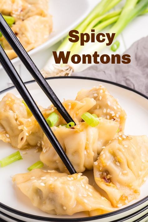 Spice up your meal with these mouthwatering spicy wontons! Made with fresh garlic, ginger, and a blend of seasonings, they're a crowd-pleaser. via @cmpollak1 Spicy Wontons, Dessert Waffles, Won Ton, Wonton Recipes, Bacon Sausage, Pot Stickers, Ethnic Food, Recipes Appetizers, Wontons