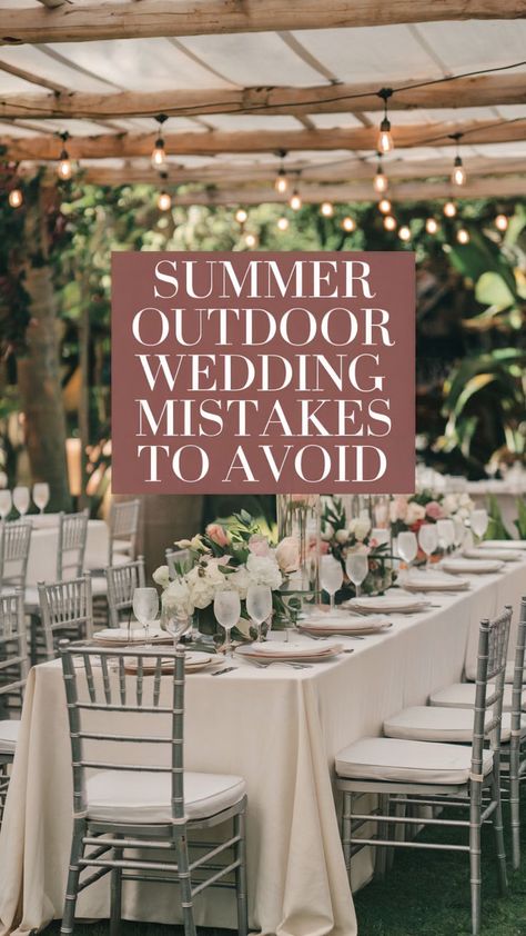 An outdoor summer wedding scene with a table set with centerpieces and dinnerware. Greenery surrounds in the background and an overhead pergola with party lights shine down. Diy Alters Wedding Outdoor Ceremony, June Wedding Ideas Outdoor, Garage Wedding Reception, Summer Wedding Outdoor Ceremony, June Outdoor Wedding, Wedding Ceremony Ideas Outdoor, Wedding Outline, Tented Wedding Reception, Summer Outdoor Wedding