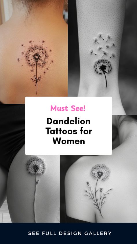 Four stunning dandelion tattoo ideas for women showcasing various unique designs. This pin explores artistic florals and feminine symbolism in body art. Dandelion Colored Tattoo, Dandy Lion Tattoos Dandelion Art, Music Dandelion Tattoo, Dandelion Chain Tattoo, Dandelion Tattoo Meaning For Women, Dandelion Tattoo On Forearm, Dandelion Tattoo Drawing, Dandelion Wrist Tattoos For Women, Prairie Tattoo Ideas