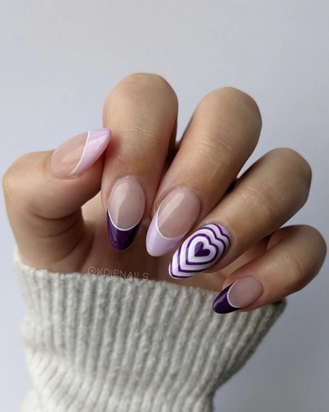 kdipnails purple french tip valentine's nail inspo with purple heart nail art  ___ #almondnails #frenchtipnails #gelnails #gelxnails #heartnails #kiarasky #kiaraskygellytips #nails #nailideas #nailinspo #nailsoftheday #neutralnails #purplenails #pinknails #shortnails #simplenails #valentinesnails #winternails Purple French Tip Nails With Heart, Valentines Nails Purple, Purple Nails Heart, Purple Nails With Hearts, Purple Valentines Nails, Purple Valentines Day Nails, Purple Heart Nails, February Nail Designs, Purple French Tip