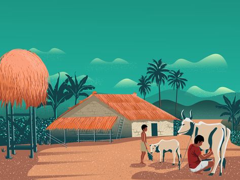 Village View  (Milk Milk) by Partho Mondal Indian Village Illustration, Farmer Pic, Bangladesh Culture, Makara Sankranti, Success Wallpaper, Village Illustration, Farmer Painting, Coffee Artwork, Cow Illustration