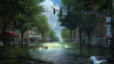 ArtStation - Flooded Out, Jeff Jumper Flooded City Art, Flood Apocalypse, Flood Aesthetic, Fantasy World Aesthetic, Apocalypse Ideas, Soft Apocalypse, Overgrown Ruins, Flooded City, Landscape Anime