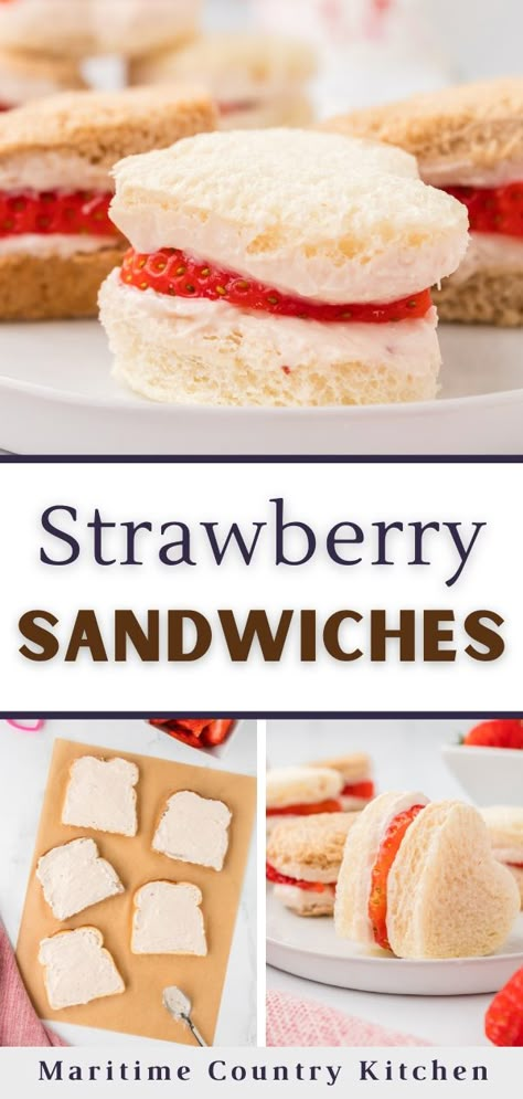 If you're looking for a way to use fresh, seasonal strawberries, try this easy recipe for mini (or full sized) strawberry sandwiches! Featuring cream cheese, fresh sliced strawberries, and fluffy bread, this easy recipe is perfect for afternoon tea, brunch, baby showers, wedding showers, and more. For an extra fun touch, use a heart-shaped cookie cutter for a special Valentine's Day treat. Strawberry Sandwiches, Brunch Baby Showers, Cloud 9 Wedding, Celebrate February, Tea Party Sandwiches, Valentines Brunch, Tea Sandwiches Recipes, Afternoon Tea Ideas, Fruit Sandwich