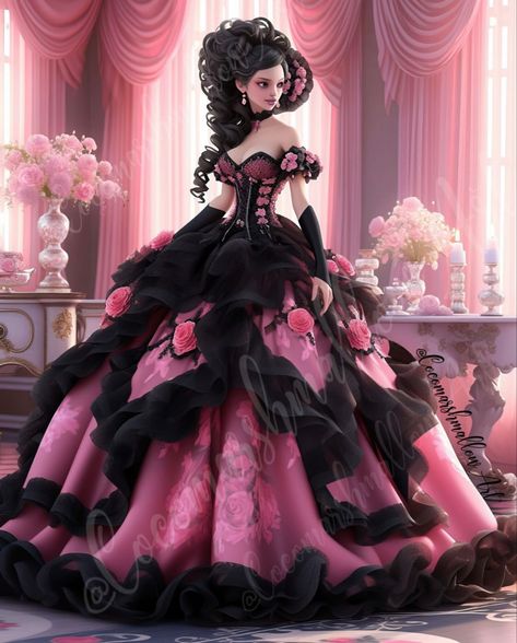 Black And Pink Ball Gown, Pink And Black Quinceanera Dresses, Mascarade Outfit, Fantasy Ballgown, Dr Wedding, Xv Ideas, Briar Beauty, Black Quinceanera Dresses, Wishlist Christmas