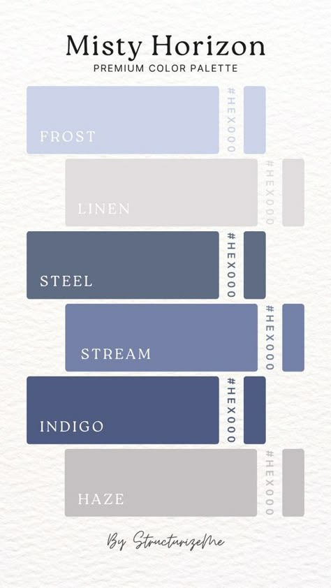 Craft chic and stylish designs with our elegant color palette. This palette features a mix of frost, linen beige, steel blue, stream blue, indigo, and haze grey, perfect for creating a contemporary and refined look. Ideal for branding, weddings, events, or any project seeking to convey sophistication and elegance. Use these colors to bring a touch of chic sophistication to your designs. Indigo Pallete, Blue And Grey Palette, Steel Blue Color Palette, Blue Palette Colour Schemes, Blue Pallet Color, Blue Grey Color Palette, Grey Blue Color Palette, Color Scheme Beige, Indigo Color Palette