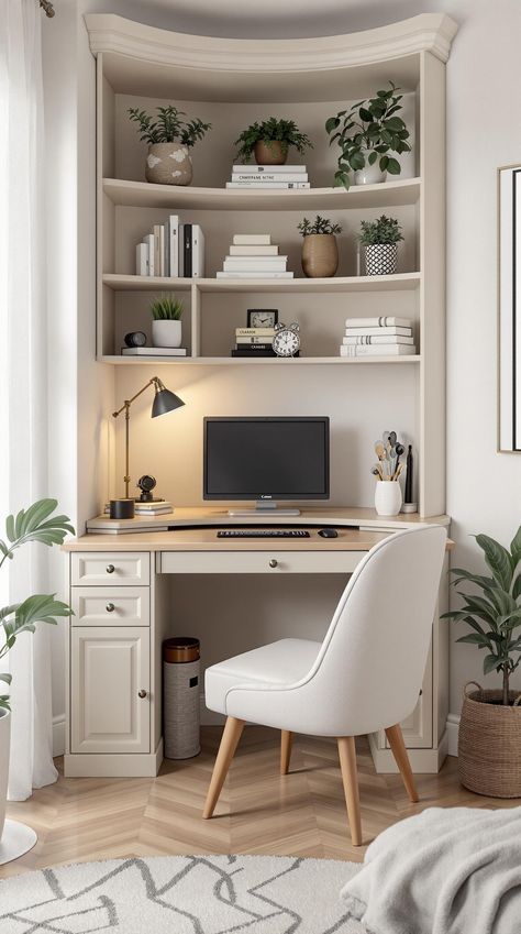 Tiny Office Space Ideas Home Office With Corner Desk Ideas, Hallway Desk Nook, Tiny Workspace Ideas, Corner Office Nook, Small Corner Office Space, Office In Small Bedroom, Very Small Office Space Ideas, Desk Corner Ideas, Closet Desk Nook