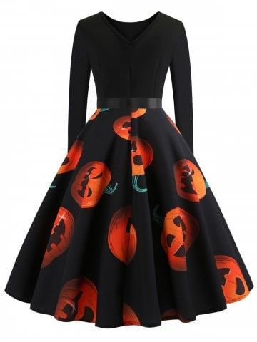 Halloween Pumpkin Print Flare Dress Vestidos Pin Up, Halloween Party Dress, Skull Dress, Pin Up Dresses, Plus Size Vintage, Panel Dress, Pumpkin Print, Vestidos Vintage, Mid Length Skirts