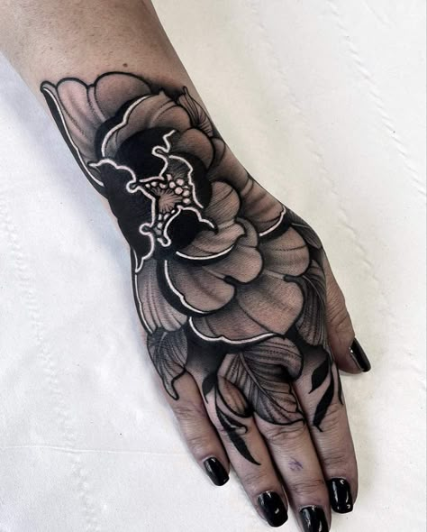 Neotraditional Black And Grey, Black And Grey Forearm Tattoo, Black Work Flower Tattoo, Hand Tattoo Cover Up Ideas, Flower Hand Tattoos, Black Dahlia Tattoo, Floral Hand Tattoo, Hand Tattoo Stencil, Hand Flower Tattoo