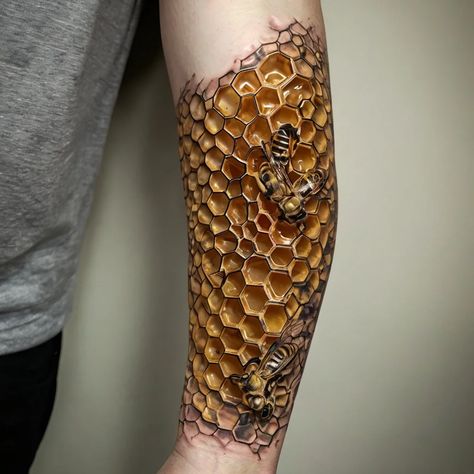 Explore our Honeycomb Tattoos Collection—celebrating balance, structure, and the beauty of nature. These designs symbolize hard work, harmony, and community, making them perfect for those drawn to both order and creativity. Whether minimalist or detailed, honeycomb tattoos offer a unique way to express personal growth and connection. Find inspiration for your next tattoo in this collection filled with geometric charm and natural elegance. Honeycomb Neck Tattoo, Bee And Honeycomb Tattoo, Honeycomb Tattoos, Honeycomb Tattoo, Tattoos Meaning, Next Tattoo, Tattoo Idea, Hard Work, Honeycomb