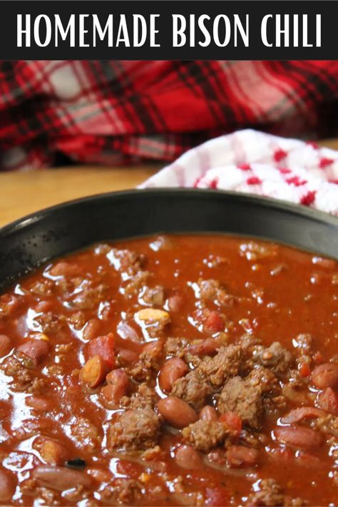 • Simple At Home Ground Bison Chili, Bison Chili Crockpot, Filling Soups, Bison Chili Recipe, Bison Chili, Chili Crockpot, Bison Recipes, Ground Bison, Bison Meat