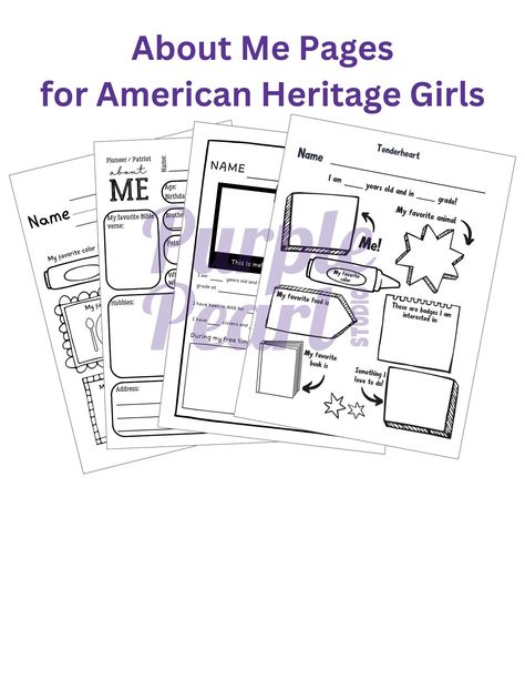 Printable "About Me" coloring sheets are made for American Heritage Girls troop members. Each print can be copied and used as many times as you'd like! Each of these pages is age-appropriate with more coloring and pictures for Pathfinders and Tenderhearts and more writing and information for Explorers and Pi/Pa girls. Girls can decorate with crayons, markers, or colored pencils. This is an excellent ice breaker to tell your fellow troop members or your leaders about yourself! Some of the items listed are: favorite candy, brothers and sisters, favorite animal, favorite Bible verse, birthday, badges I'm interested in, etc. Enjoy getting to know your friends in AHG! (Not in AHG? See our regular "About Me" pages in our shop!) Trail Life, American Heritage Girls, Favorite Bible Verse, About Me Page, Ice Breaker, Favorite Candy, Ice Breakers, Favorite Bible Verses, Brothers And Sisters