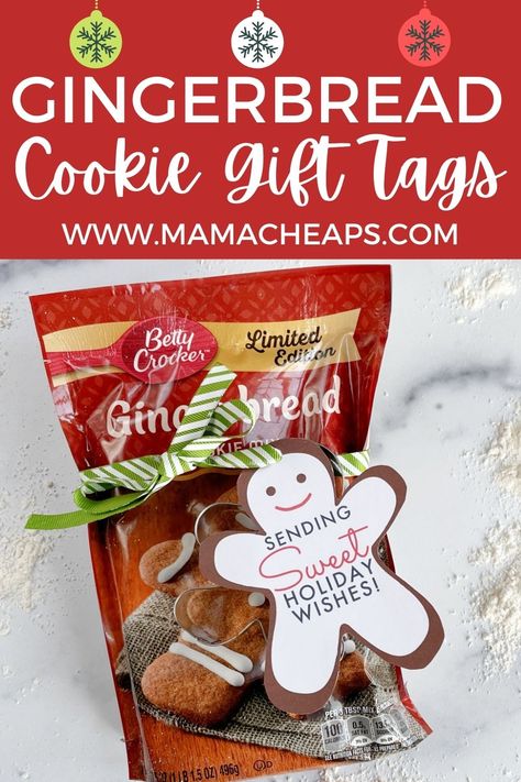 How cute and easy is this Christmas gift? We took a bag of gingerbread cookie mix and a gingerbread man cookie cutter and put it together into a gift! Use our free printable gingerbread man themed tags for the perfect finishing touch! You can easily up the value of this gift by adding a gift card. Easy gift idea for teachers, friends, neighbors and co-workers! #christmas #diy #printable #mamacheaps Gingerbread Cookie Gift Ideas, Gingerbread Gift Tags Free Printable, Gingerbread Gifts Ideas, Gingerbread Gift Ideas, Gingerbread Snacks, Cookie Mix Gift, Gingerbread Cookie Mix, Popcorn Recipes Easy, Ginger Babies