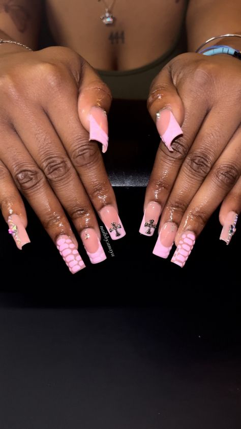 medium nails with pink french tips and 3d croc print 3d Croc Print Nails, 3d Croc Nails, Pink Medium Nails, Croc Print French Tip Nails, Nails With Pink French, Pink Croc Nails, Croc Print Nails, Croc Nails, Pink French Tips