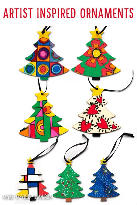 Make these artist inspired Christmas Tree ornaments for a handmade holiday gift! We feature ones inspired by: - Georgia O'Keeffe - Sonia Delaunay - Henri Matisse - Vincent Van Gogh - Piet Mondrian - Jackson Pollack - Yayoi Kusuma - Wassily Kandinsky - Keith Haring - Kenojuak Ashevak We show you a few tips to make children's Christmas craft one that you can give to friends, neighbours, teachers and family to hang on their holiday day tree! This kid's craft encourages children to explore and recre Family Christmas Tree Ornaments, Van Gogh Christmas Tree, Kandinsky Christmas Tree, Christmas Ornament Art Project, Artist Christmas Tree, Matisse Christmas, Christmas Art Projects For Kids, Artistic Christmas Tree, School Ornaments