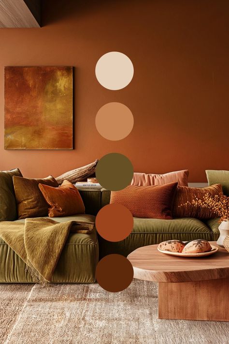 Orange Living Rooms Ideas, Home Decor Colour Palette, Decor Colour Schemes, Orange Lounge Room, Palette Furniture Living Room, Color Pallets Home, Complementary Colors Scheme, Furniture Colour Palette, Cherry Wood Furniture Living Room Ideas