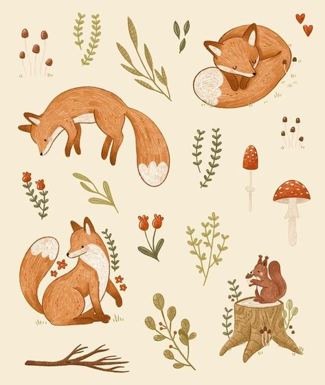 Autumn Prints, Woodland Illustration, Fox Drawing, Autumn Illustration, Fox Illustration, Coloring Inspiration, Creature Drawings, Illustration Watercolor, Ceramics Pottery Art