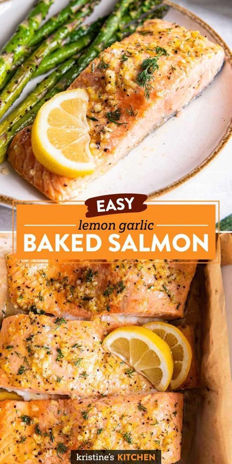 Lemon Garlic Baked Salmon is an easy, healthy dinner that the whole family will love! Salmon fillets are brushed with lemon garlic butter and baked in the oven until juicy and fork tender. Salmon Steaks In Oven, Garlic Lemon Salmon, Garlic Baked Salmon, Baked Salmon Filets, Lemon Salmon Recipes, Mashed Potatoes And Green Beans, Baked Salmon With Lemon, Oven Baked Salmon Recipes, Salmon Recipes Oven