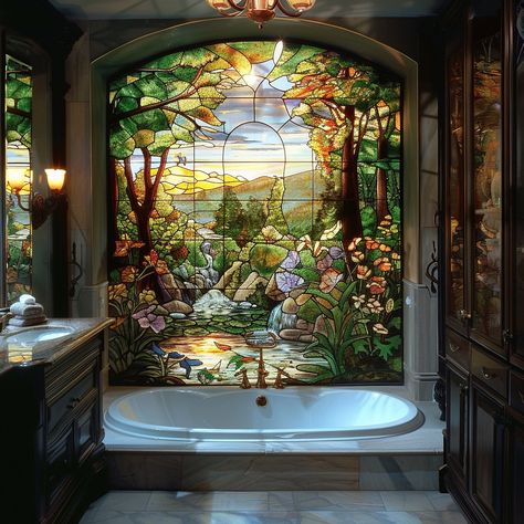 Transform your bathroom into a tranquil haven with nature-inspired stained glass windows. Vibrant leaves, flowers, and birds create a calming ambiance, inviting moments of serene contemplation amidst daily routines. Conceptual AI Art Follow @ecosapiens for more! Stained Glass Bathroom, Cottage In The Woods, Spa Design, Bathroom Windows, Glass Bathroom, Daily Routines, Dream Rooms, Beautiful Bathrooms, House Inspo