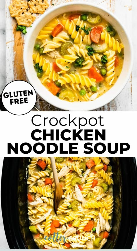 This Gluten-Free Chicken Noodle Soup uses simple, pantry staple ingredients for the ultimate family-friendly comfort food! Fresh veggies combined with herbs and spices, a savory broth, and tender gluten-free noodles. Cooked in the crockpot, it requires minimal prep work for a satisfying dinner that will be waiting for you when you come home. Chicken Noodle Soup Gluten Free, Gluten Free Noodle Soup, Chicken Soup Recipes Crockpot, Gluten Free Chicken Soup, Gluten Free Chicken Noodle Soup, Crockpot Chicken Noodle Soup, Cotter Crunch, Free Noodles, Slow Cooker Chicken Noodle Soup